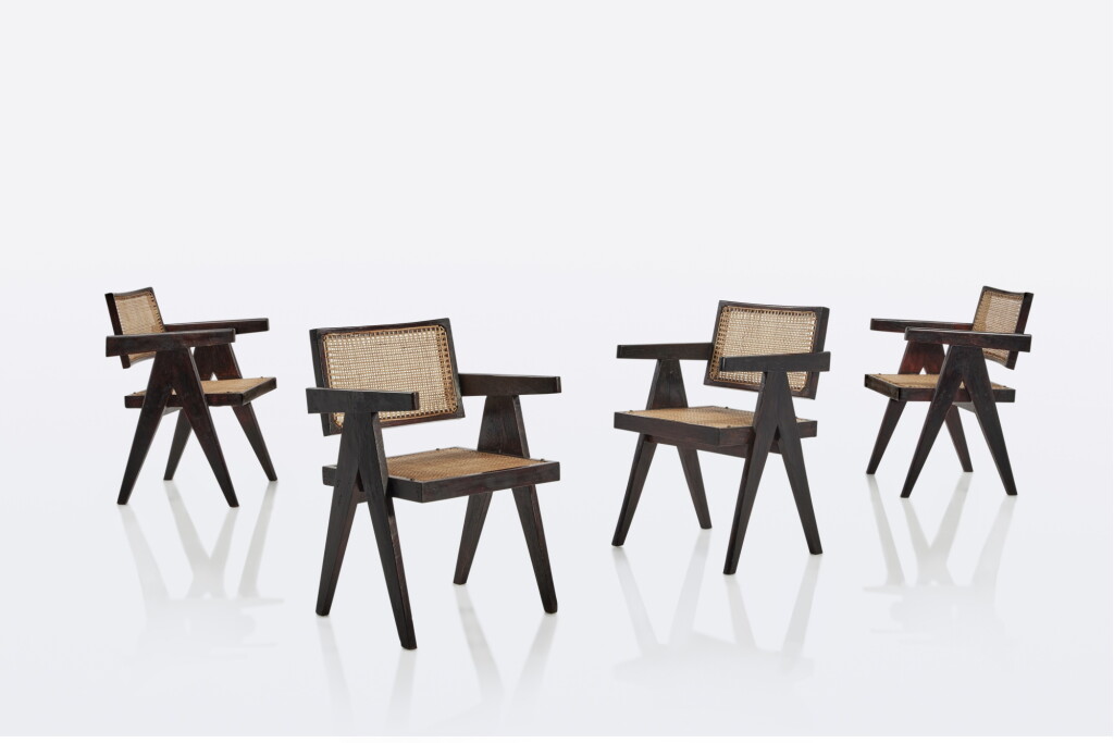 View full screen - View 1 of Lot 11. Pierre Jeanneret, Set of Four Armchairs.