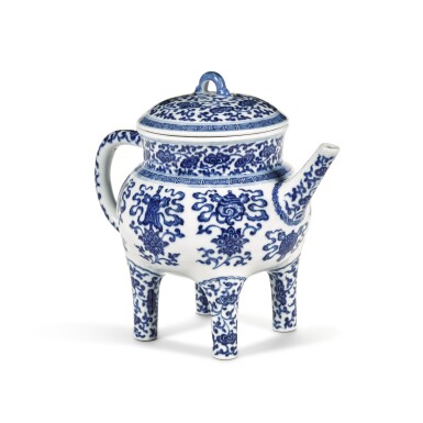 View full screen - View 1 of Lot 32. A fine and rare blue and white 'Eight Buddhist Emblems' ewer and cover (He), Seal mark and period of Qianlong.