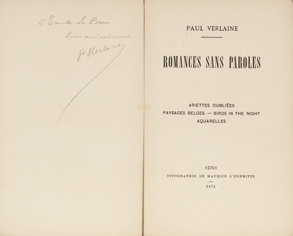 View full screen - View 1 of Lot 80. Romances sans Paroles. 1874. Broché. E.O. Envoi a.s. à Emile Le Brun. Qqs corrections manuscrites.