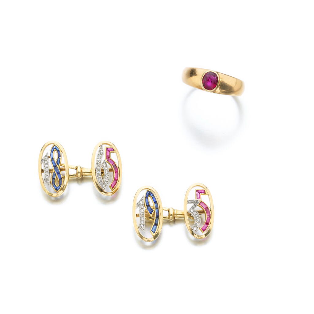 View full screen - View 1 of Lot 1004. Pair of ruby, sapphire and diamond cufflinks, circa 1935 and a ruby ring.