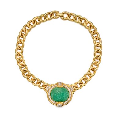 View full screen - View 1 of Lot 197. Gold, Emerald and Diamond Necklace.