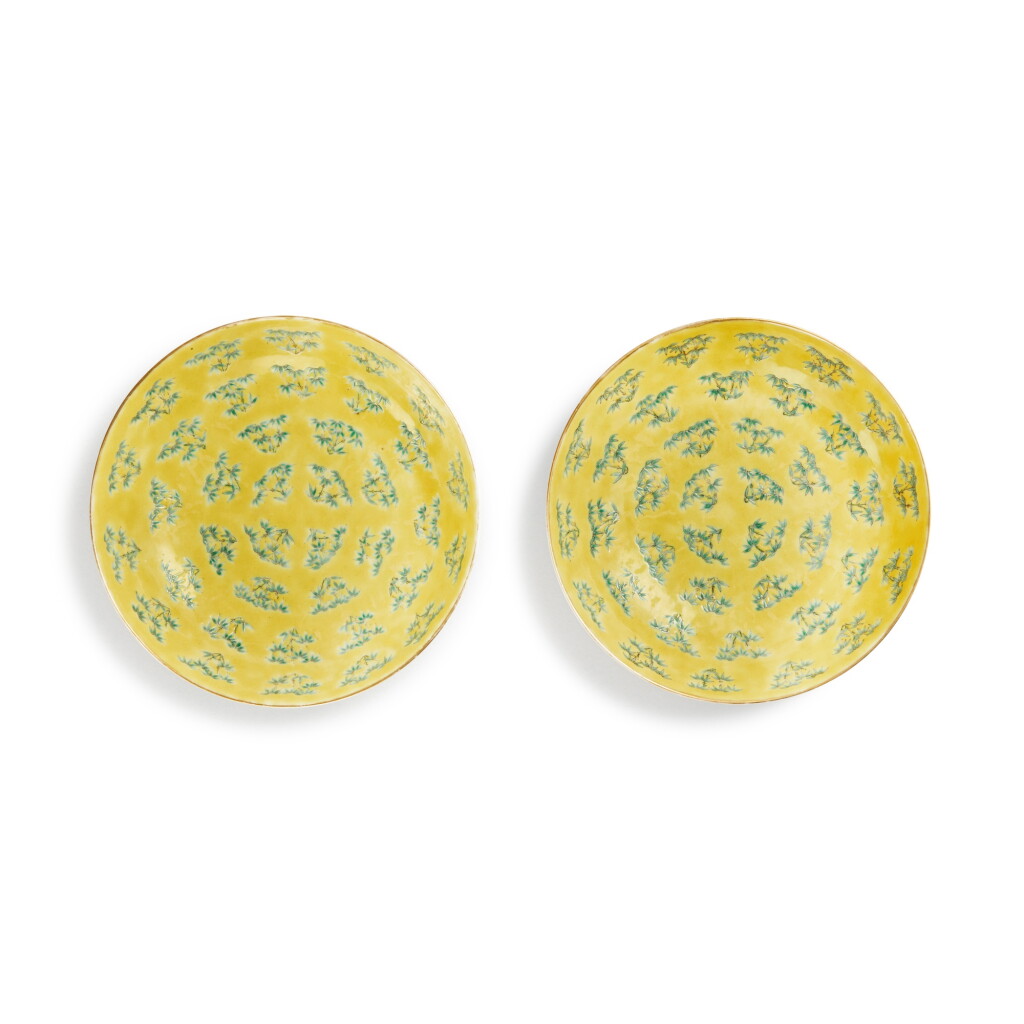 View full screen - View 1 of Lot 553. A pair of yellow-ground famille-rose 'bamboo' dishes, Marks and period of Tongzhi | 清同治 黃地粉彩竹紋盤一對 《同治年製》款.