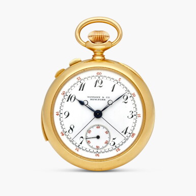 View full screen - View 1 of Lot 2301. A pink gold minute repeating split seconds chronograph openface keyless lever watch with enamel dial, Retailed by Tiffany & Co., Circa 1896.