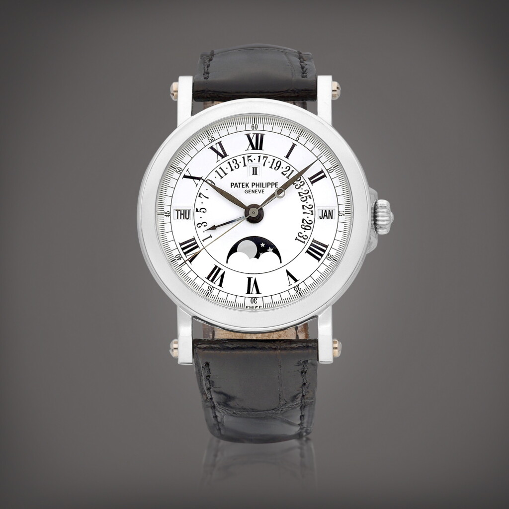 View full screen - View 1 of Lot 2124. Reference 5059 | A platinum perpetual calendar wristwatch with retrograde date, moon phases and leap year indication, Circa 2004 | 百達翡麗 | 型號5059 | 鉑金萬年曆腕錶,備逆跳日期、月相及閏年顯示,2004年製.