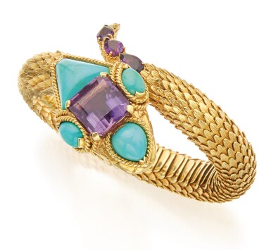 View full screen - View 1 of Lot 321. GOLD, AMETHYST AND TURQUOISE BANGLE-BRACELET, DAVID WEBB .