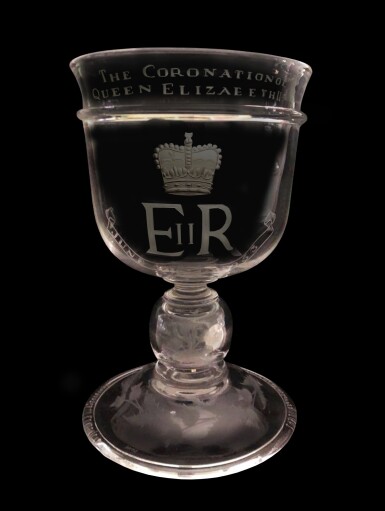 View full screen - View 1 of Lot 28. An engraved large goblet celebrating the coronation of Queen Elizabeth II, 1953.