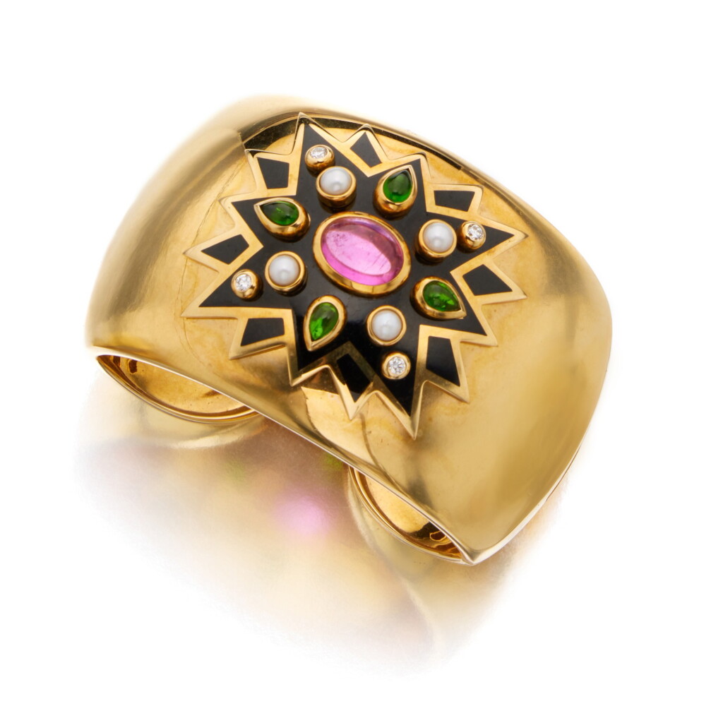 View full screen - View 1 of Lot 263. Gold, Enamel, Tourmaline, Cultured Pearl and Diamond 'Sunburst' Cuff-Bracelet.
