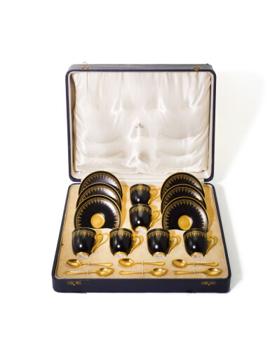View full screen - View 1 of Lot 93. A Worcester porcelain coffee set with six nine carat gold spoons, Mappin & Webb Ltd., London, 1929.