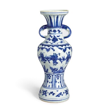 View full screen - View 1 of Lot 3641. A blue and white 'figural' baluster vase Mark and period of Jiajing | 明嘉靖 青花人物圖雙耳盤口瓶 《大明嘉靖年製》款.