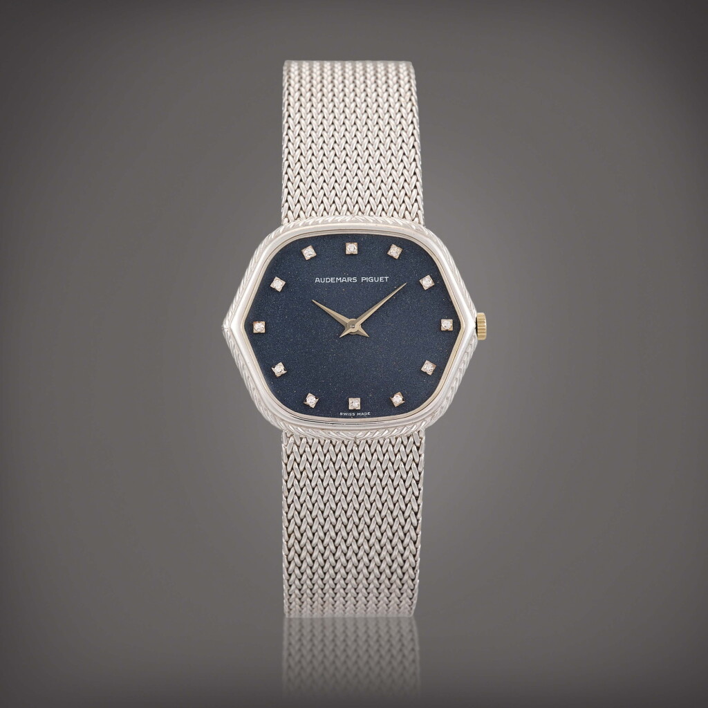 View full screen - View 1 of Lot 967. A white gold and diamond-set bracelet watch, Circa 1975 | 愛彼 | 白金鑲鑽石鏈帶腕錶,約1975年製.