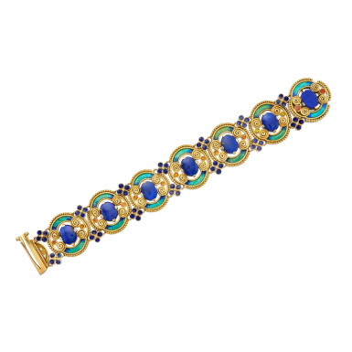 View full screen - View 1 of Lot 143. Gold, Lapis Lazuli and Polychrome Enamel Bracelet | 路易·康福特·蒂芙尼為蒂芙尼設計 | 黃金、青金石及彩色琺瑯手鏈.