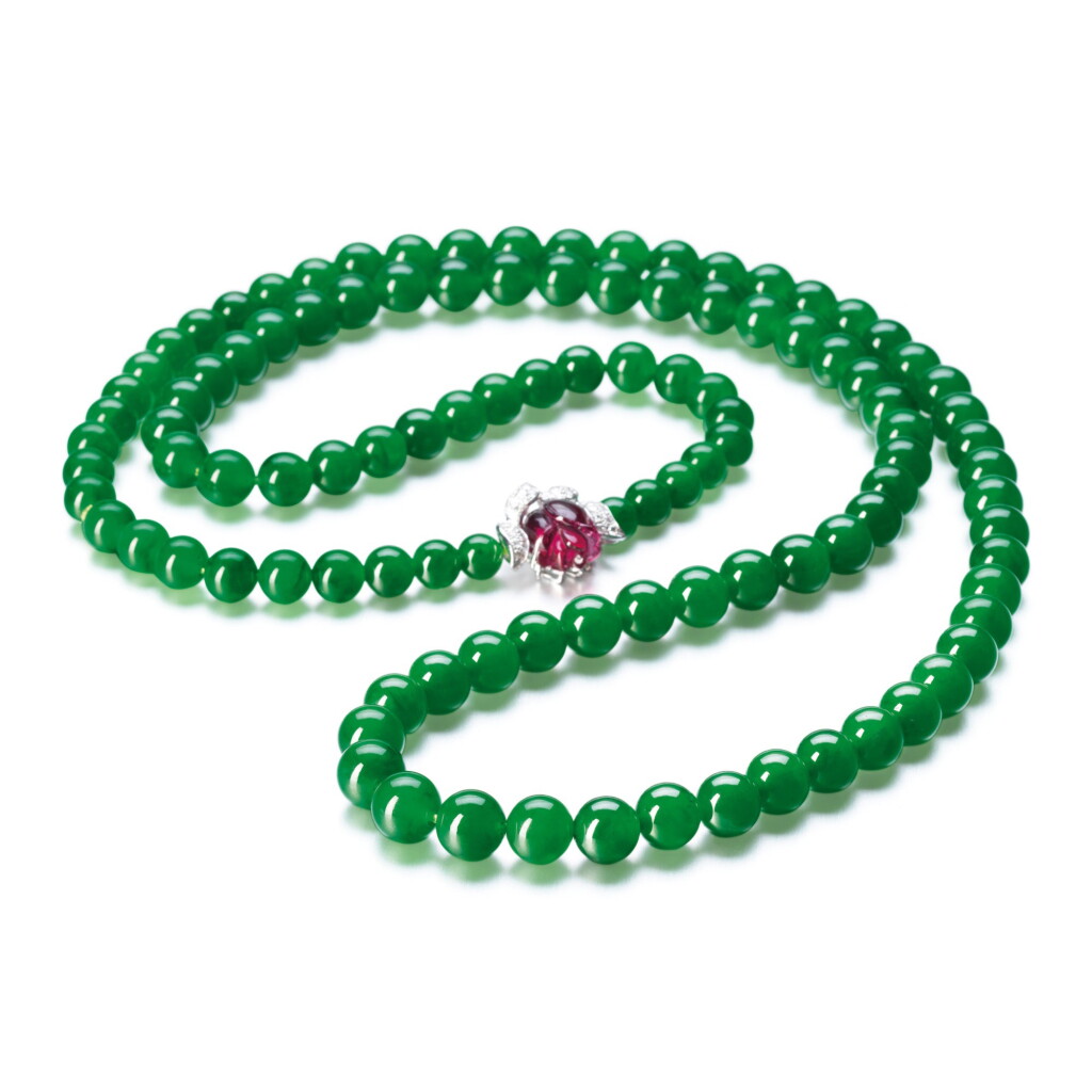 View full screen - View 1 of Lot 266. An Impressive 108 Jadeite Bead, Rubellite and Diamond Necklace | 108顆 天然翡翠珠 配 紅色碧璽 及 鑽石 項鏈.