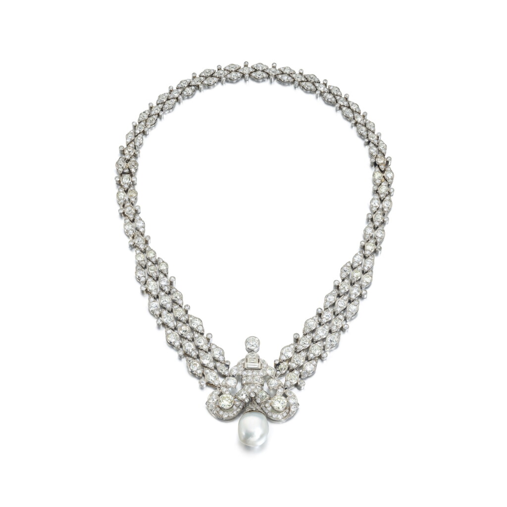 View full screen - View 1 of Lot 562. Natural pearl and diamond necklace, late 1930s.