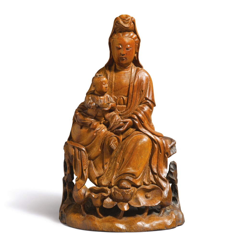 View full screen - View 1 of Lot 736. A CARVED BAMBOO FIGURAL GROUP OF SONGZI GUANYIN, QING DYNASTY, 18TH CENTURY.