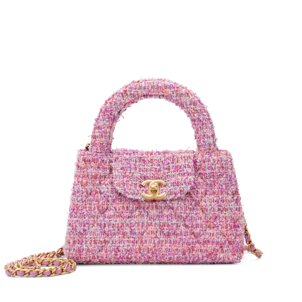 View full screen - View 1 of Lot 204. Pink Quilted Tweed Kelly Bag Aged Gold Hardware.