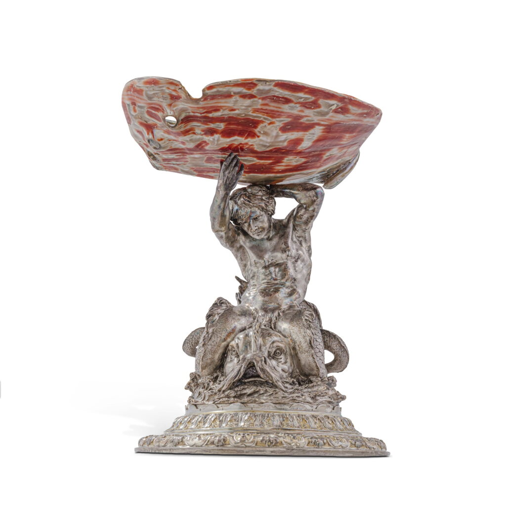 View full screen - View 1 of Lot 566. A German parcel-gilt silver-mounted shell centrepiece, Eduard Wollenweber, Munich, circa 1870.