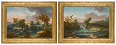 View full screen - View 1 of Lot 5. A river landscape with an artist sketching, a bridge beyond; and A river landscape with figures and fishing tackle, a bridge beyond.