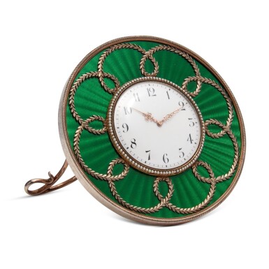 View full screen - View 1 of Lot 24. A Fabergé silver-gilt and guilloché enamel desk clock, workmaster Henrik Wigström, St Petersburg, 1903-1904.