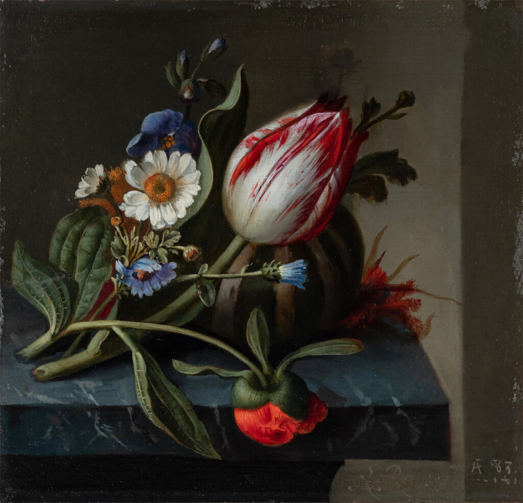 View full screen - View 1 of Lot 13. Still life of a tulip and other flowers with a melon upon a ledge《靜物:臺上的一枝鬱金香、鮮花與瓜》.