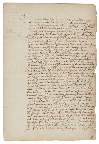 View full screen - View 1 of Lot 16. Oliver Cromwell | Letter signed, to Colonel Cox, justifying the dissolution of Parliament, 4 February 1658 .