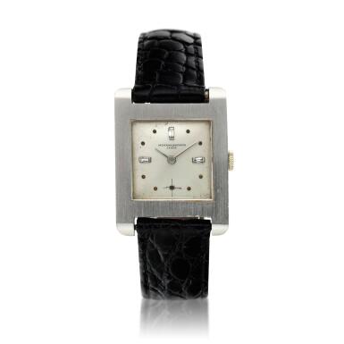 View full screen - View 1 of Lot 213. Reference 4108 A white gold square shaped wristwatch with diamond-set indexes, Circa 1960 .