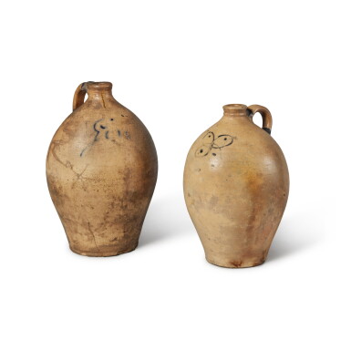 View full screen - View 1 of Lot 37. Two Salt-Glazed and Cobalt Blue-Decorated Stoneware Ovoid Jugs, Pennsylvania, Mid-19th Century.