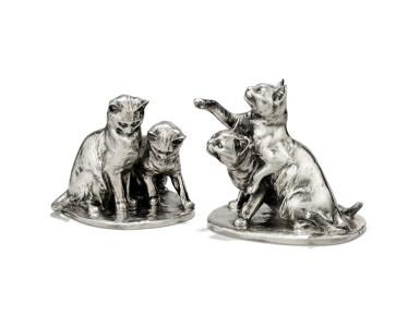 View full screen - View 1 of Lot 2. A SET OF TWO SILVER SCULPTURES, RISLER AND CARRÉ, THE MODEL BY LOUIS RICHÉ, PARIS, CIRCA 1910 | ENSEMBLE DE DEUX SCULPTURES EN ARGENT PAR RISLER ET CARRÉ, LE MODÈLE PAR LOUIS RICHÉ, PARIS, VERS 1910.