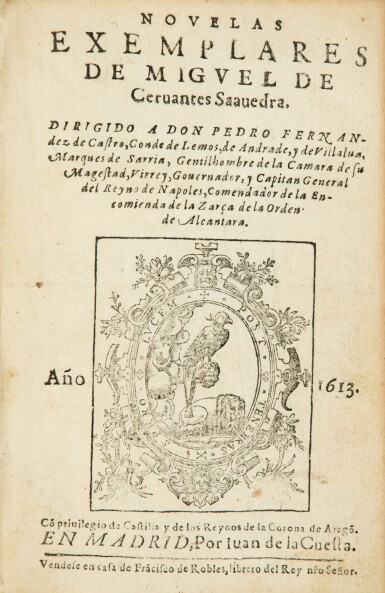 View full screen - View 1 of Lot 17. Novelas exemplares. Madrid, 1613. In-8. Le plus rare des Cervantes relié aux armes de Jérôme Bignon..