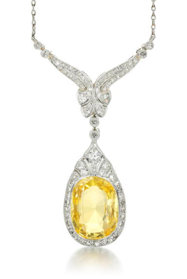 View full screen - View 1 of Lot 60. YELLOW SAPPHIRE AND DIAMOND NECKLACE.