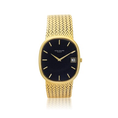 View full screen - View 1 of Lot 126. PATEK PHILIPPE | REFERENCE 3605/1 ELLIPSE A YELLOW GOLD OVAL AUTOMATIC BRACELET WATCH WITH DATE, MADE IN 1977.