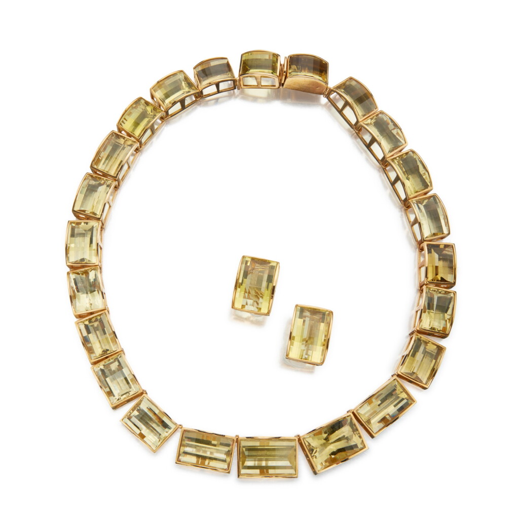 View full screen - View 1 of Lot 162. Gold and Citrine Necklace and Pair of Earclips.