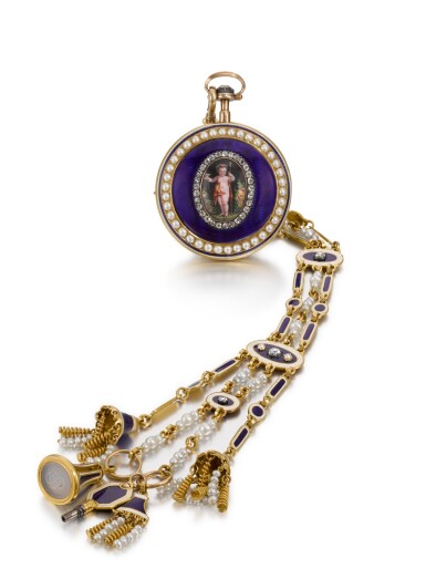 View full screen - View 1 of Lot 205. A gold, enamel and pearl-set lever watch with chatelaine circa 1790, no.1051.