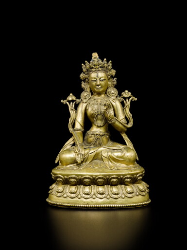 View full screen - View 1 of Lot 341. An inscribed silver-inlaid copper-alloy figure of White Tara, Tibet, 15th century.