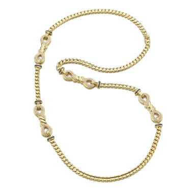 View full screen - View 1 of Lot 1066. Gold, sapphire and diamond sautoir.