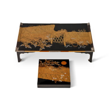 View full screen - View 1 of Lot 635. An Imperial Presentation Rimpa-Style Bundai and Suzuribako, Taisho Period, Early 20th Century | 琳派金蒔絵文台硯箱 柴垣に秋草 菊紋章、大正時代、20世紀初 | 日本 大正 二十世紀初 琳派金蒔繪菊紋秋草圖文台硯箱一套.