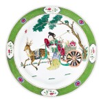 An extremely rare famille-rose and lemon-yellow-back charger, Mark and period of Yongzheng | 清雍正 內粉彩麻姑祝壽外檸檬黃地浮雕綠彩水波盤 《大清雍正年製》款