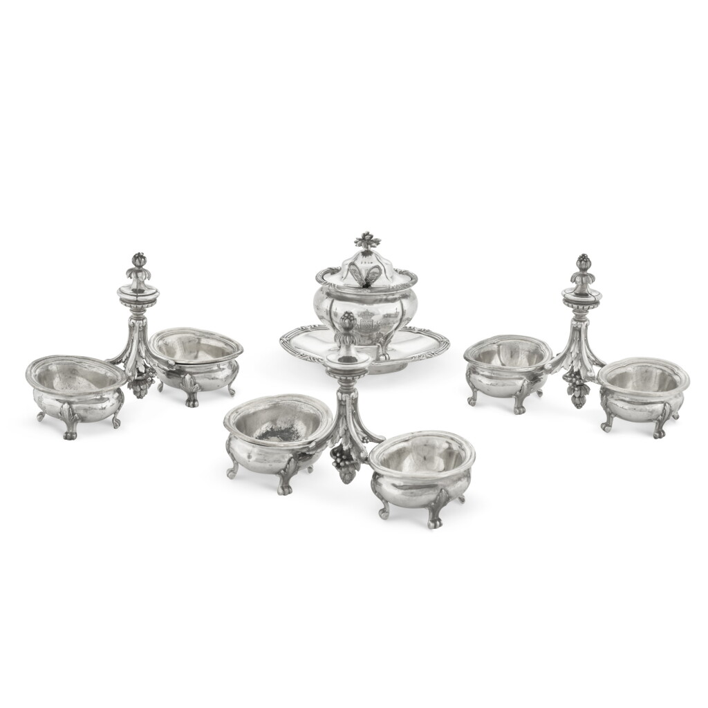 View full screen - View 1 of Lot 5. Phillipe, Count of Flanders: Three French silver double-salts and a mustard pot, Odiot, Paris, circa 1850.