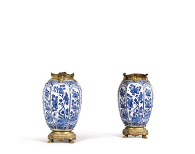 View full screen - View 1 of Lot 219. A pair of Delft earthenware and gilt-bronze mounted vases,.