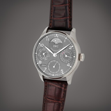 View full screen - View 1 of Lot 273. Portugieser Perpetual Calendar, Reference IW502218| A white gold perpetual calendar wristwatch with moon phases, year and 7-day power reserve indication | Circa 2007.