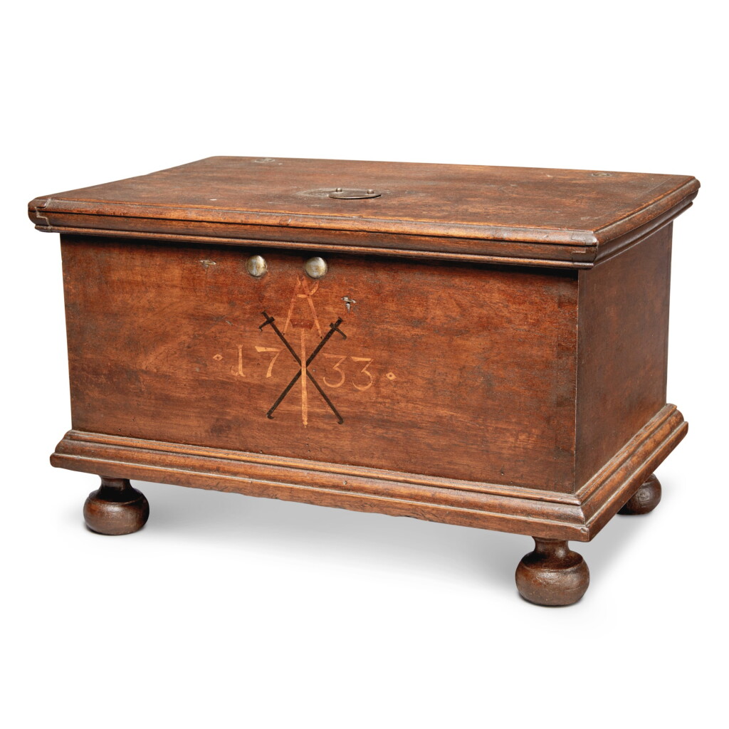 View full screen - View 1 of Lot 330. Very Rare William and Mary Masonic Inlaid Walnut Lockbox, Southeastern Pennsylvania, Dated 1733.