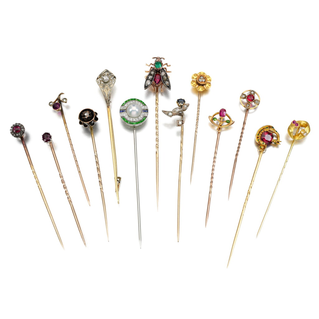 View full screen - View 1 of Lot 224. Thirteen gem set stick pins, late 19th to early 20th century and later.