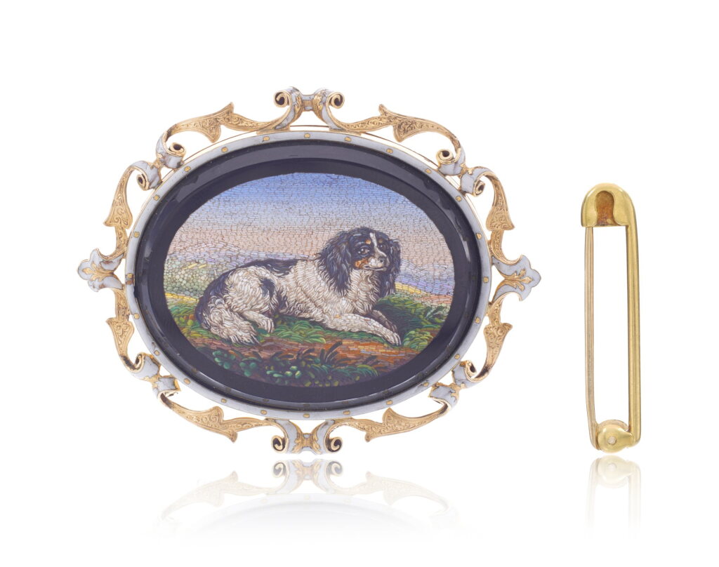 View full screen - View 1 of Lot 1196. Micromosaic, onyx and enamel brooch and a gold safety pin, late 19th century.