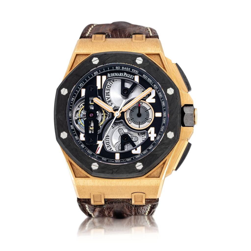 View full screen - View 1 of Lot 2240. Audemars Piguet | Royal Oak Offshore, Reference 26288OF.OO.D002CR.01, A pink gold and forged carbon semi-skeletonised tourbillon chronograph wristwatch, Circa 2010 | 愛彼 | 皇家橡樹離岸型系列 型號26288OF.OO.D002CR.01 粉紅金及鍛碳半鏤空陀飛輪計時腕錶,約2010年製.