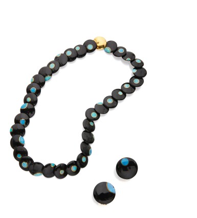 View full screen - View 1 of Lot 67. BLACK JADE AND OPAL NECKLACE AND PAIR OF EARCLIPS, TIFFANY & CO..