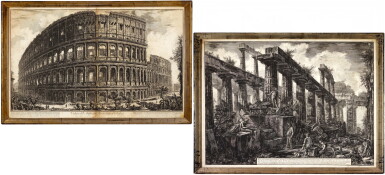 View full screen - View 1 of Lot 37. Two Works: Veduta dell'Anfiteatro Flavio, detto il Colosseo; and Vue des restes de la Celle du Temple de Neptune (Hind 57; Wilton-Ely 191, 732).