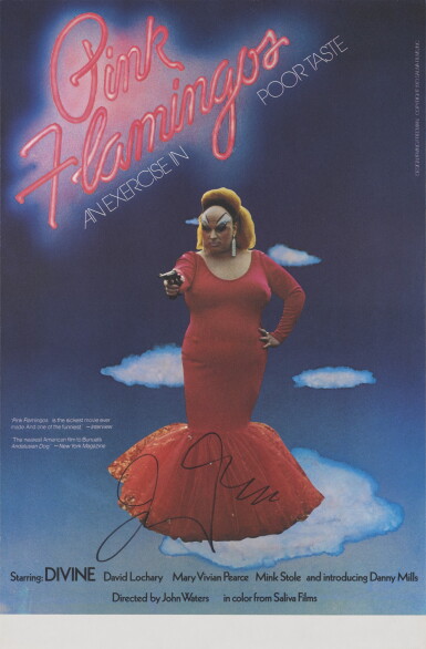 View full screen - View 1 of Lot 229. PINK FLAMINGOS (1972) ART HOUSE RELEASE POSTER, US, 1973, SIGNED BY JOHN WATERS.