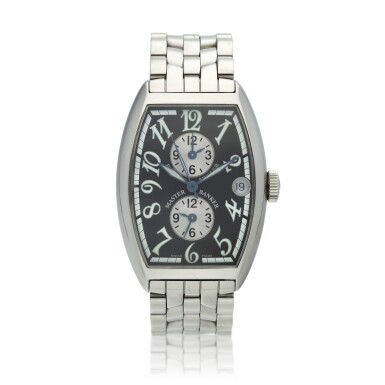 View full screen - View 1 of Lot 40. Reference 5850 MB Master Banker A stainless steel tonneau shaped automatic triple time zone wristwatch with date and bracelet, Circa 2005.