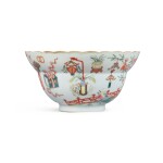 A famille-rose 'hundred antiques' scallop-rim ogee-form bowl, Seal mark and period of Jiaqing