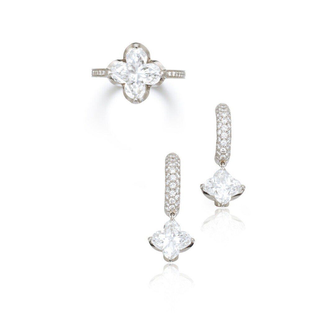 View full screen - View 1 of Lot 521. Diamond demi-parure, ‘Flower’, 路易威登 | ‘Flower’ F色 鑽石 戒指 及 耳環套裝(鑽石總重12.26克拉).