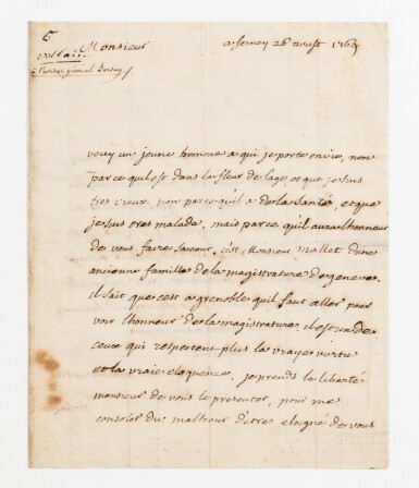 View full screen - View 1 of Lot 20. VOLTAIRE. Lettre autographe signée à M. Servan, avocat général. Ferney, 26 août 1769. 2 pages sur un feuillet in-8..